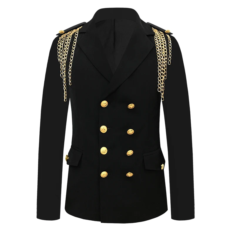 

Bar Nightclub Male Stage Metal Chain Blazer Black Red Double-breasted Casual Suit Jacket Rock Singer Group Performance Blazers