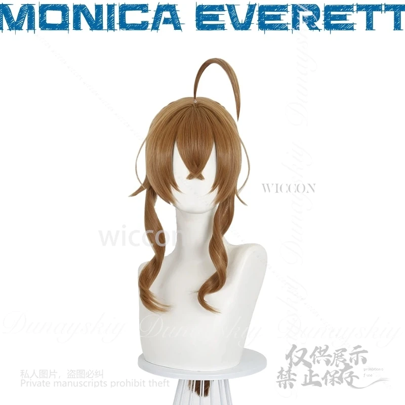 MoeMimic أسرار الساحرة الصامتة أنيمي مونيكا ايفريت تأثيري مع لون القهوة شعر مستعار أزرق أبيض فستان زي جميع مجموعة كوس