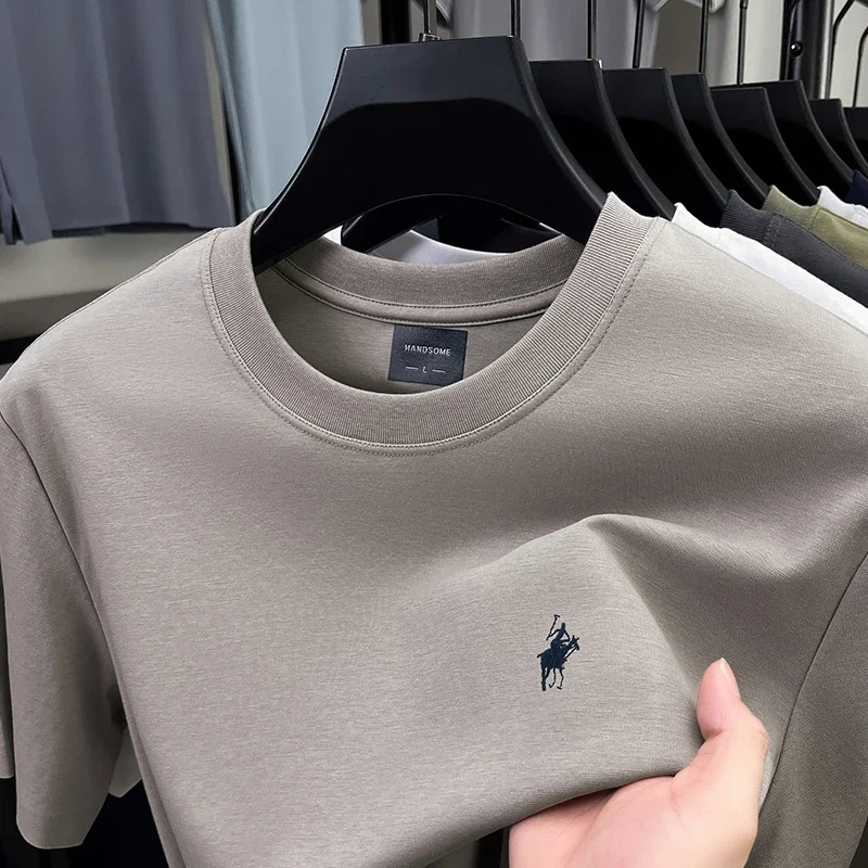 Men's Summer 100% Pure Cotton T-Shirt Embroidered Polo Shirt Short Sleeve Crew Neck Top