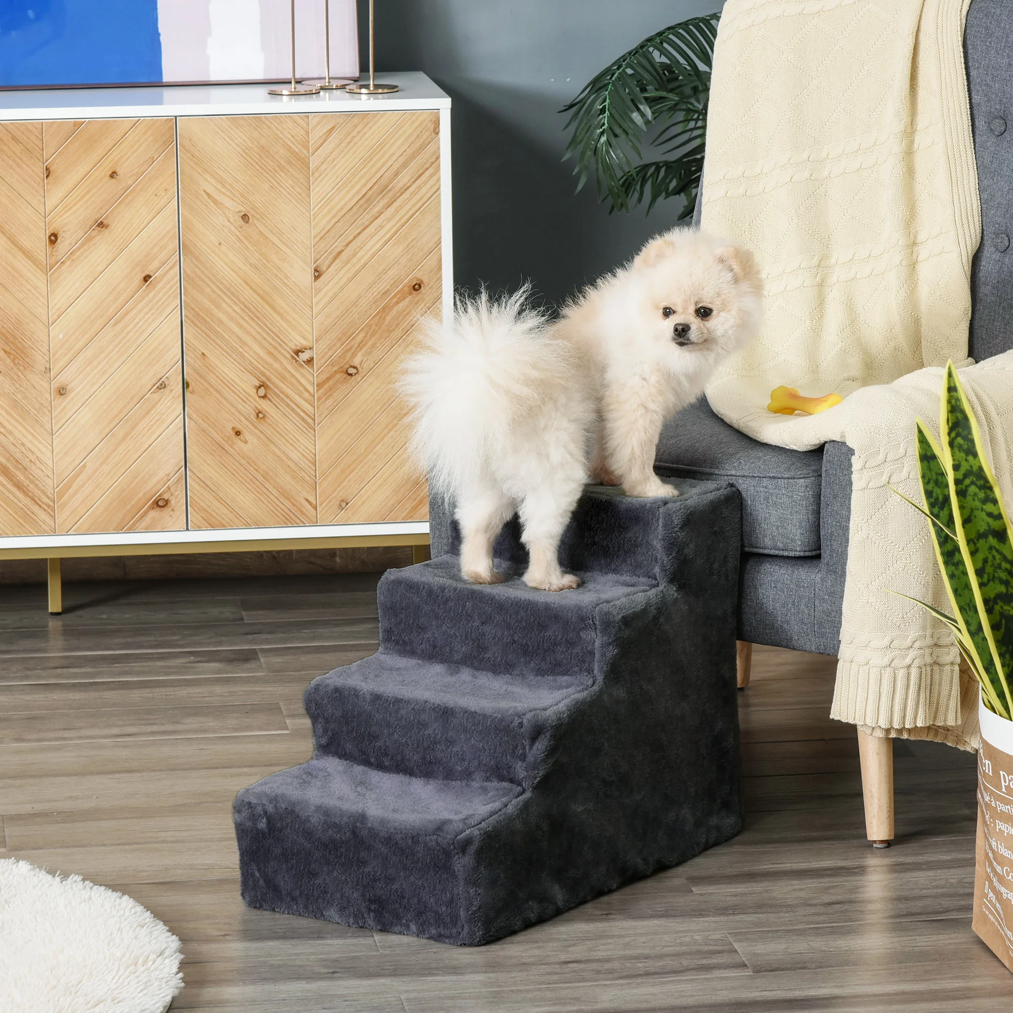 Fotografia 3: Escada para cães Pawhut de 4 degraus com tampa removível 60X35X44 cm