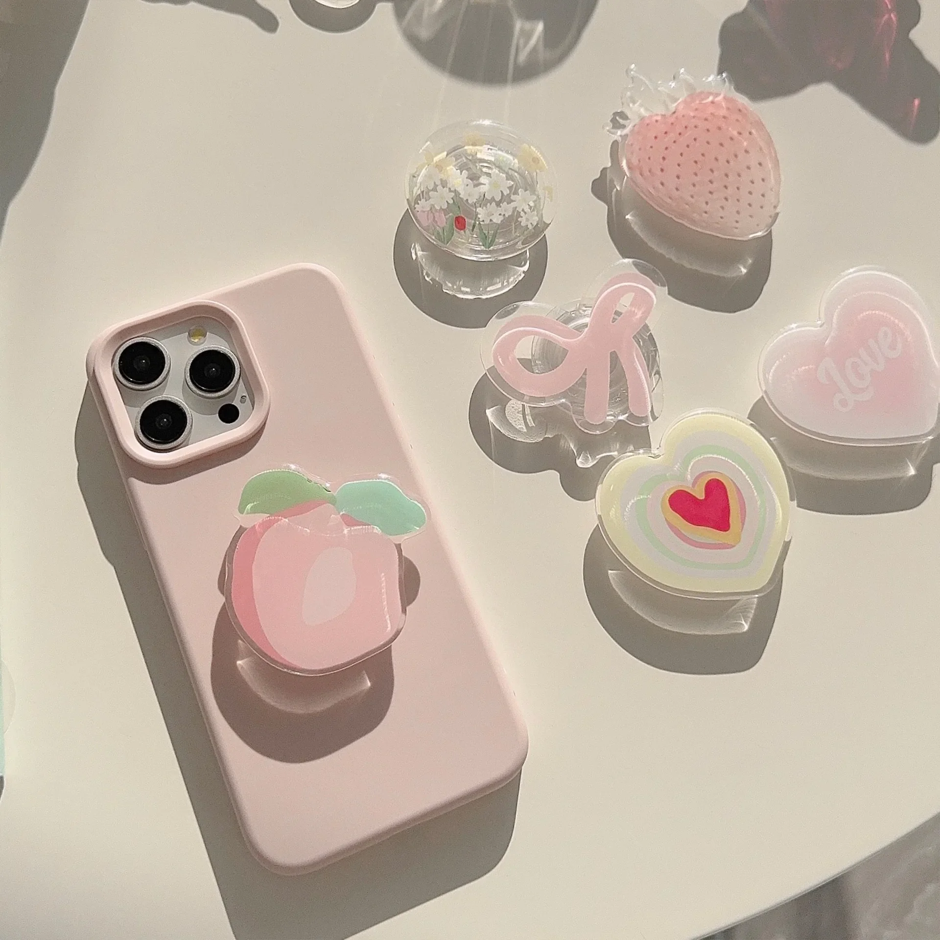 Ins coreia feminino suporte de telefone bonito inteligente tok morango borboleta boho arco-íris coração projetos titular para popsockets aperto