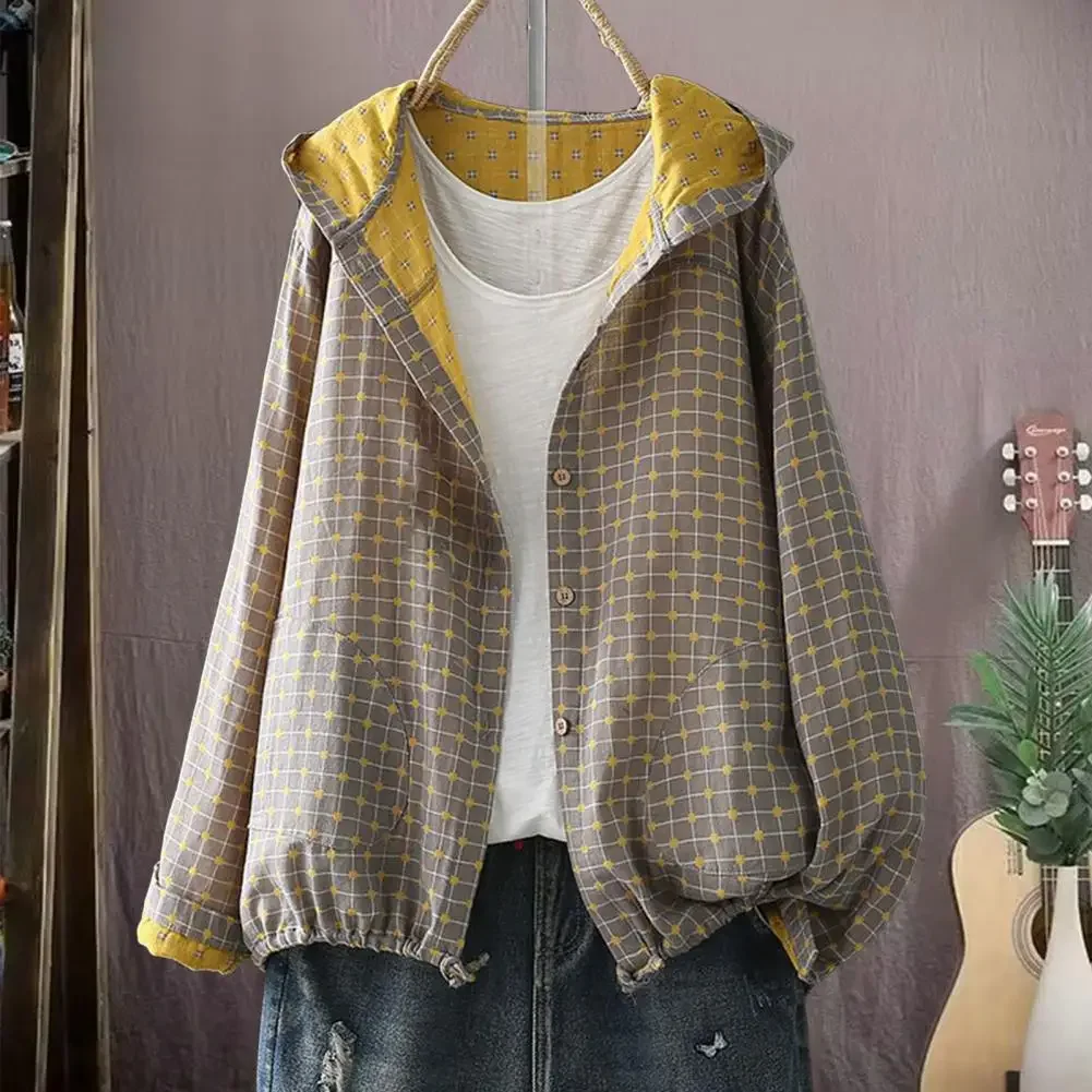 

Cotton Yarn Loose Hooded Plaid Shirts for Women Autumn Spring Casual Blouses Females Hoodies Classic Oversized Tops