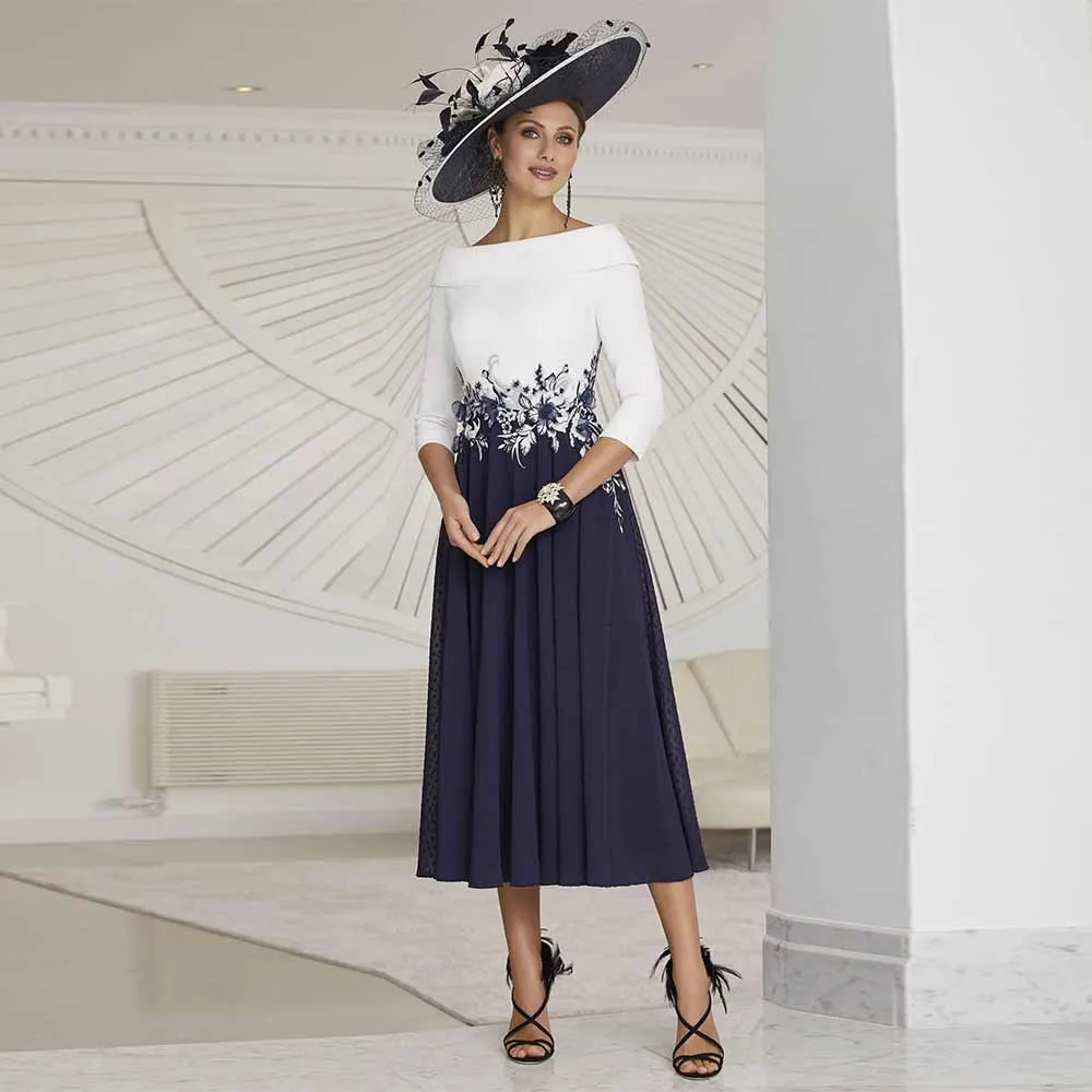 Exquisite Mother of the Bride Dresses 2025 Crepe Fabric A-line Cocktail Party Dress Navy Blue Boat Neck Embroidery Prom Dresses