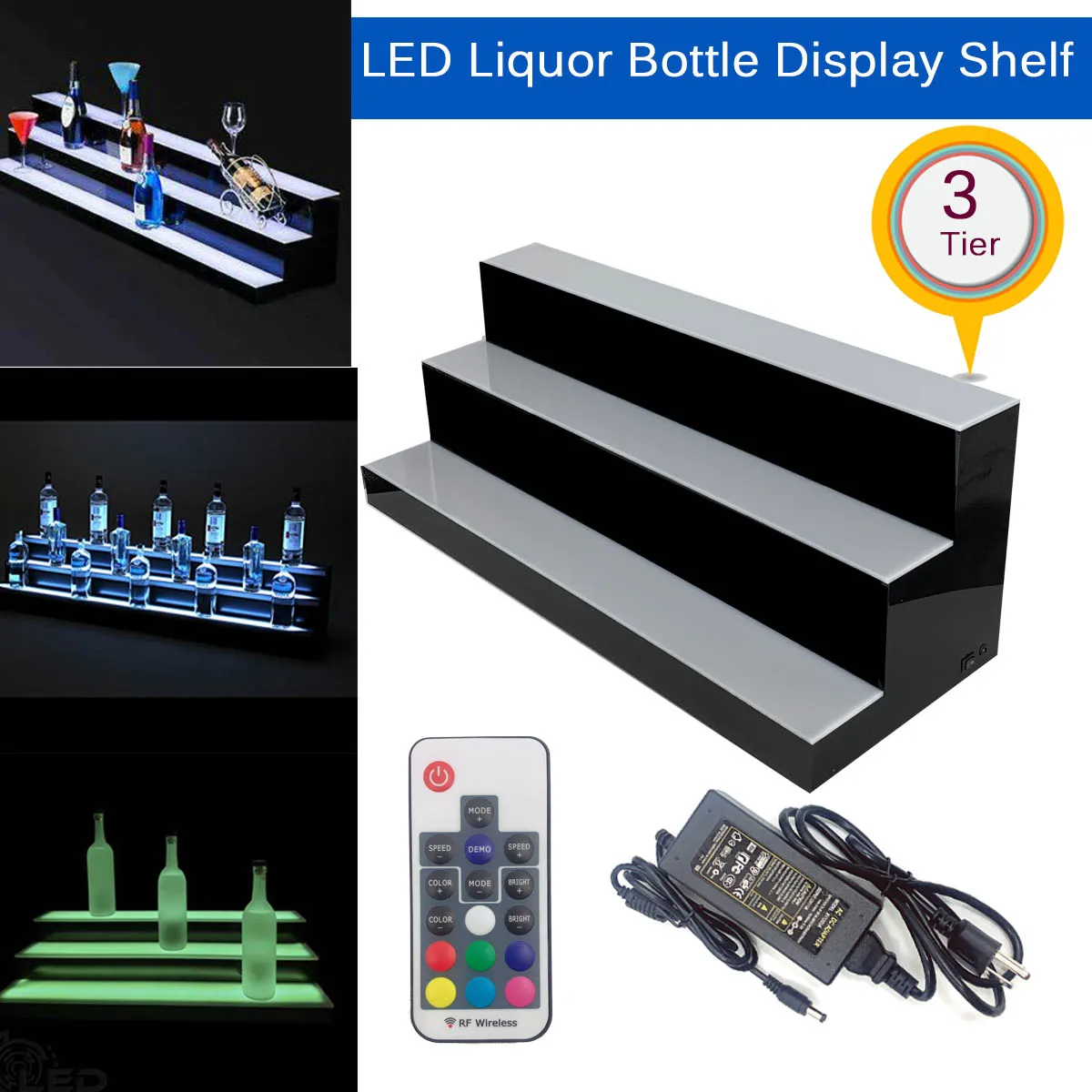 39" 3-Tier LED Lighted Glowing Liquor Bottle Display Shelf Home Back Bar Rack