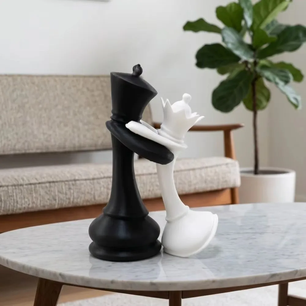 Funny 3D Printed Chess Statue Sculpture Black White Couple Gifts Chess Ornament Figurine King and Queen Statue Home Decoration