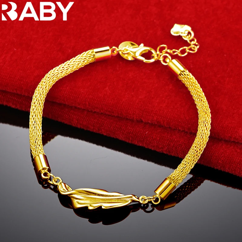 

URBABY 18K Gold Leaf Woven Mesh Bracelet Chain For Women's Wedding Party Charm Accessories Fashion High-Quality Jewelry Gift