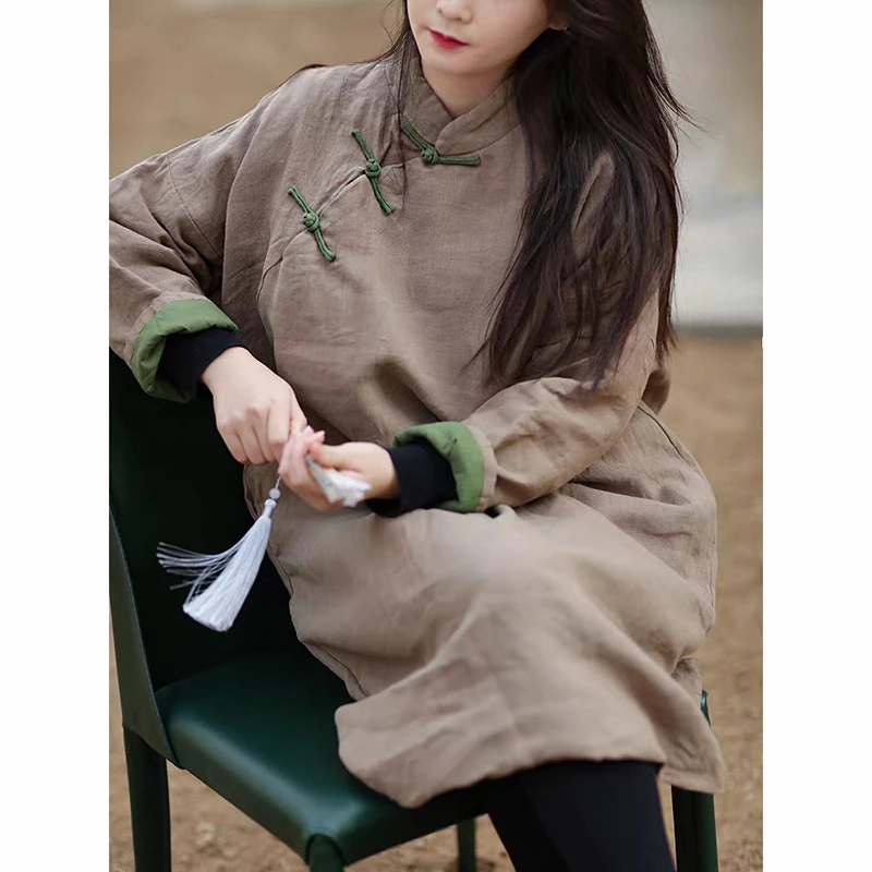 

Winter Chinese Style Women Stand Collar Loose Thicken Warm Cotton Linen Jacket Vintage Button Pullover Long Padded Coat JM257