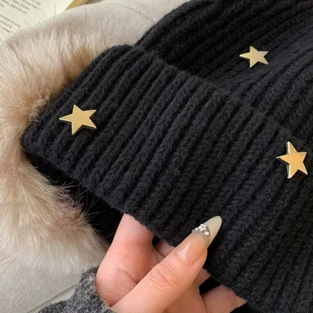 Weiche, winddichte, gestrickte Mütze mit Sternenmuster, gestricktes Design mit Umschlag, winddichte Kappe, koreanischer Stil, wärmend, Damen, warme Mütze, ideal für Reisen. – Detail 9