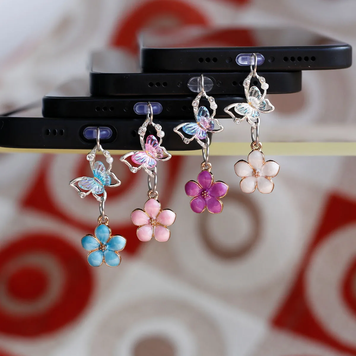 Mobile phone dust plug hanging pendant rhinestone butterfly love cherry blossom accessory decoration for iPhone type-c lanyard