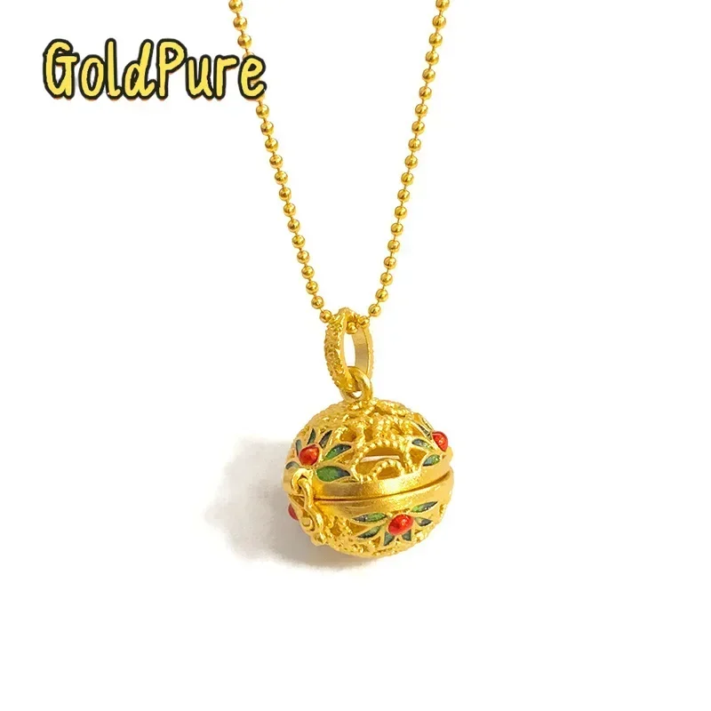 Goldpure 9999 24K real gold antique style blue burning sachet enamel pendant for women ethnic hollow incense burner pendant for