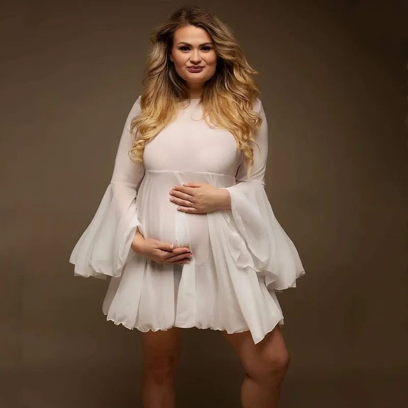 White Chiffon Maternity Photo Shoot Short Dresses Flare Sleeve See Through Pregnancy Photography Dress