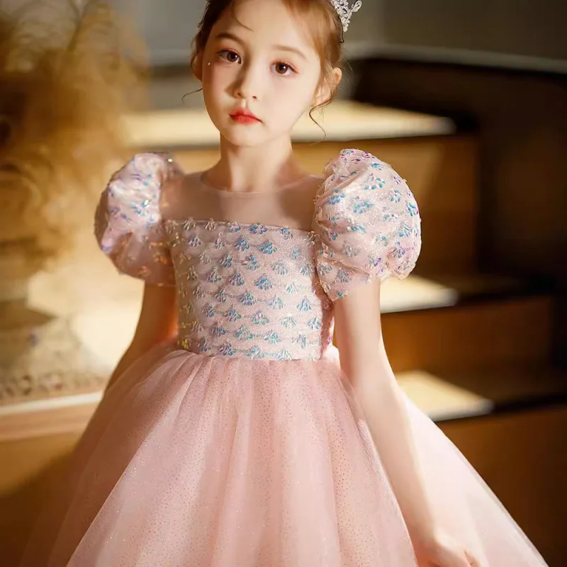 Girls' Formal High-End Children's Host Piano Performance Pink Girl's Birthday Princess Dress Puffy Tulle Spring