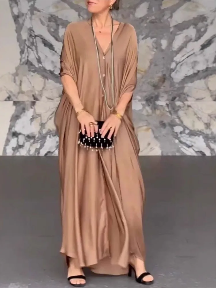 레이디 캐주얼 루즈 드레스 여성을위한 패션 솔리드 V 넥 버튼 긴 드레스 휴일 파티 드레스 여성 의류 여름 새로운 2025