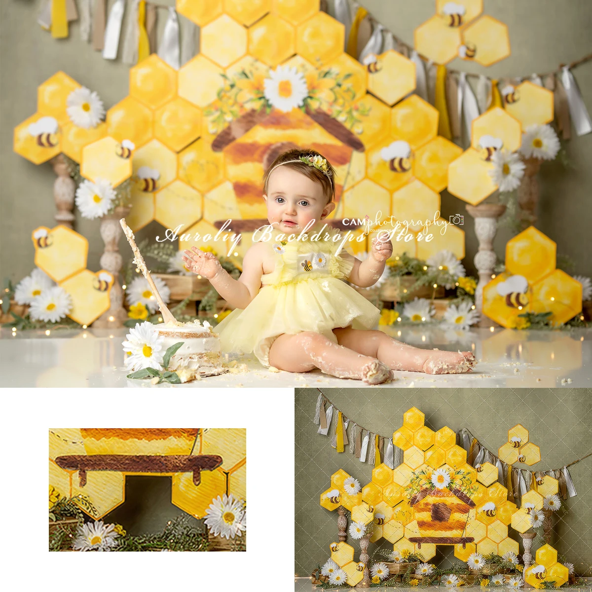 Bumble Beauty Backgrounds Cake Smash Adult Family Photography Props Child Baby Decors Flower Hive Bees Photo Studio Backdrops