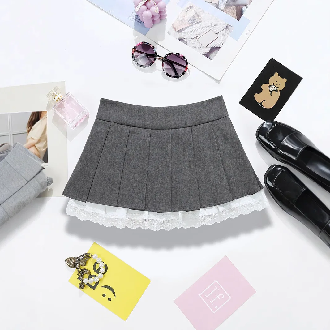 2026 Nieuwe Boog Grijze Rok Hoge Taille Kant Splicing Split Een Woord Plooirok Dames