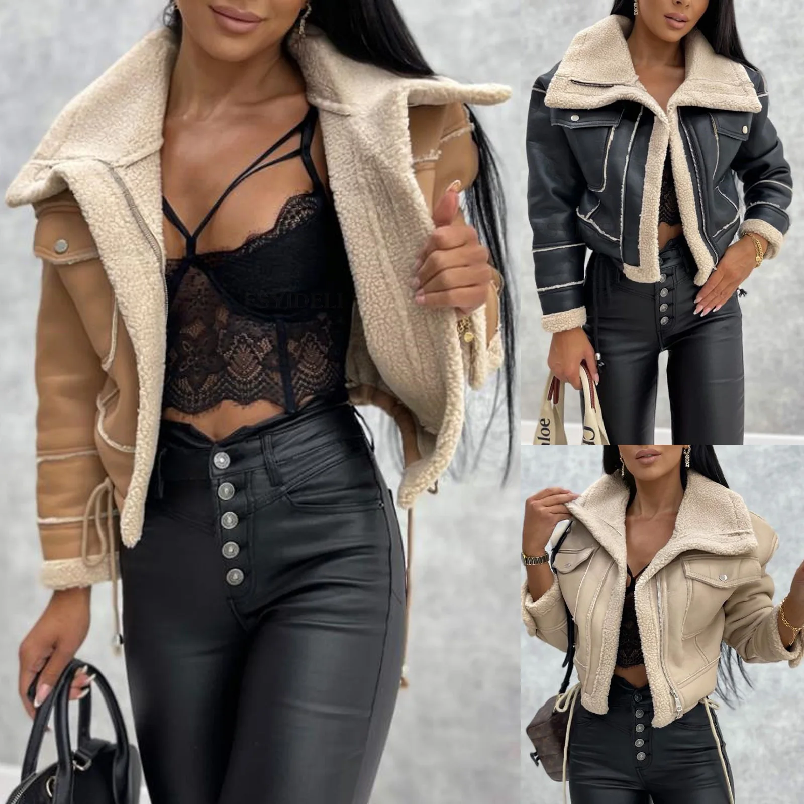 

Autumn Winter Short Lamb Fur Jacket Zipper Motorcycle Style Women's Top Punk Style Loose Fit Long Sleeve SU3120