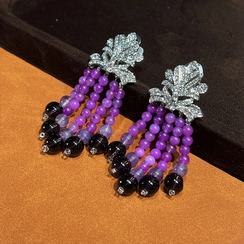 

Light luxury high-end amethyst long tassel diamond-inlaid grape earrings ins temperament versatile fashionable high-end ear need