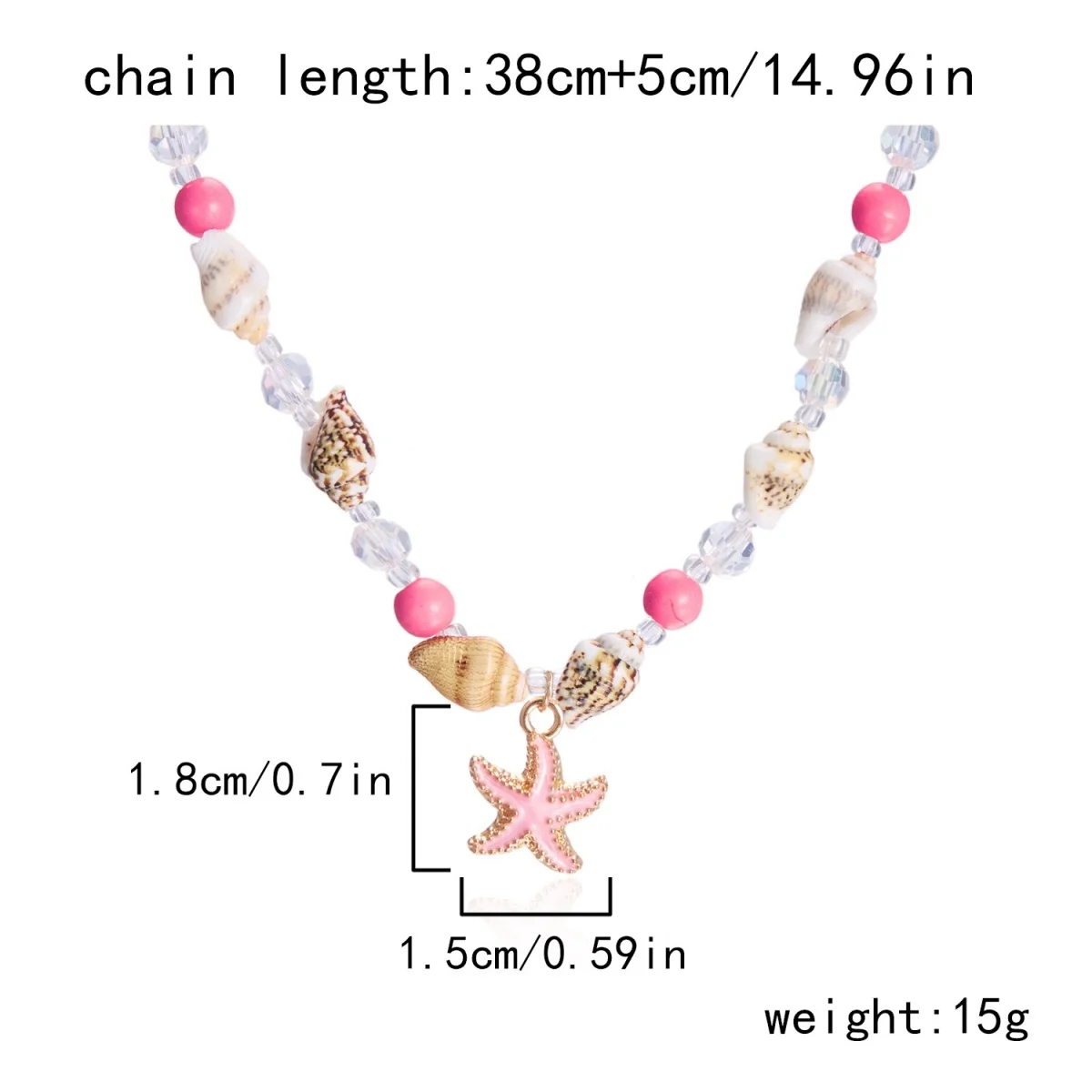 Metall-Seestern-Muschel-Anhänger-Halskette für Damen und Herren, Kristall-Reisperlen-Choker, Bohemian-Strandurlaub, Sommerparty-Schmuck – Detail 35