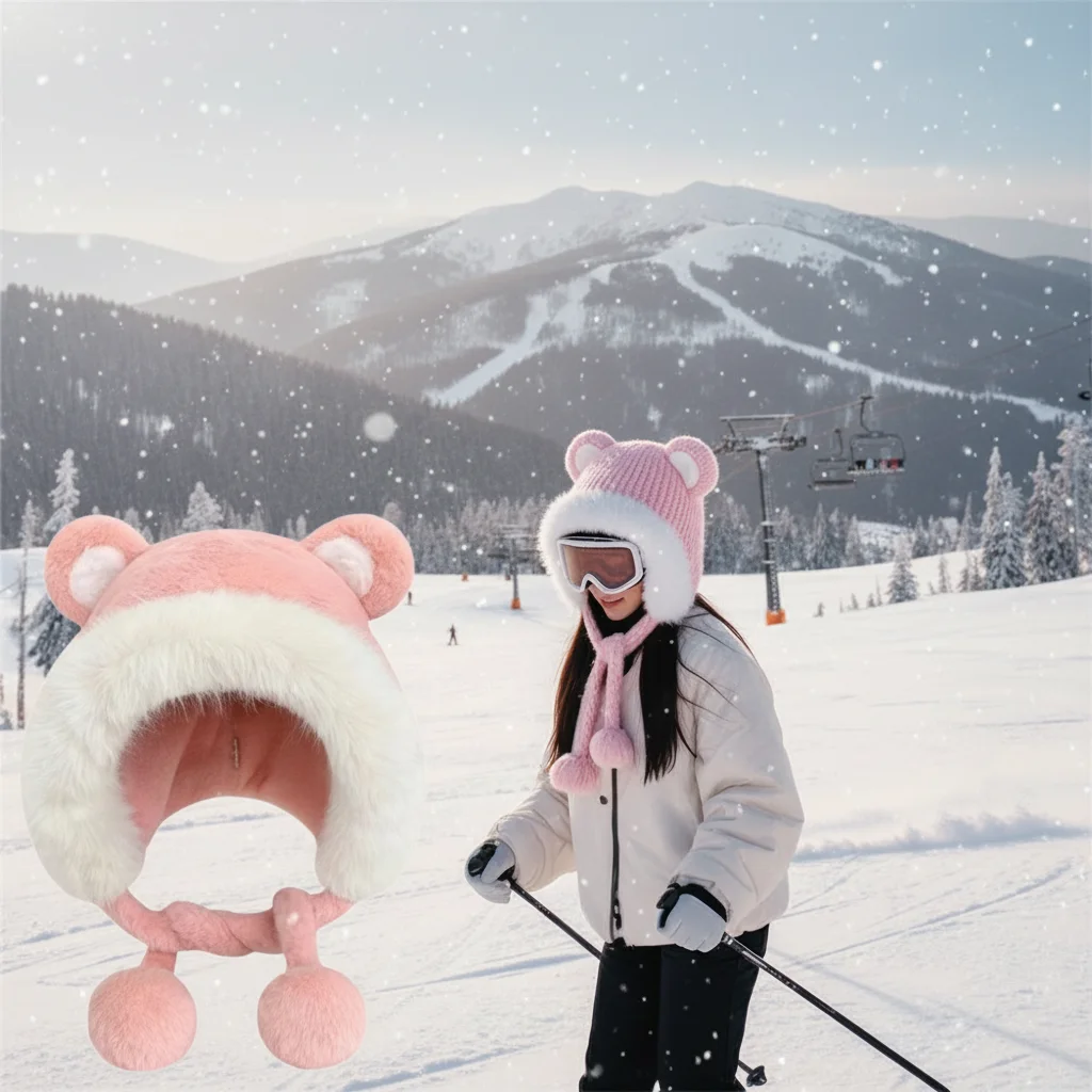 

Winter Cute Bear Ear Hat Fluffy Plush Bomber Cap Warm Earflap Ski Snowboard Accessories Women Girls Birthday Gift
