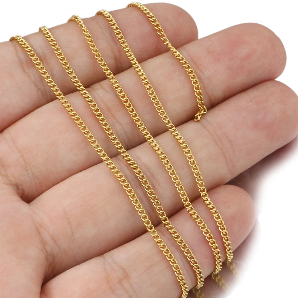 2M Lot 2mm Wide Stainless Steel Curb NK Gold Chains for Jewelry Making Supplies Link Roll Chain Wholesale Items for Business