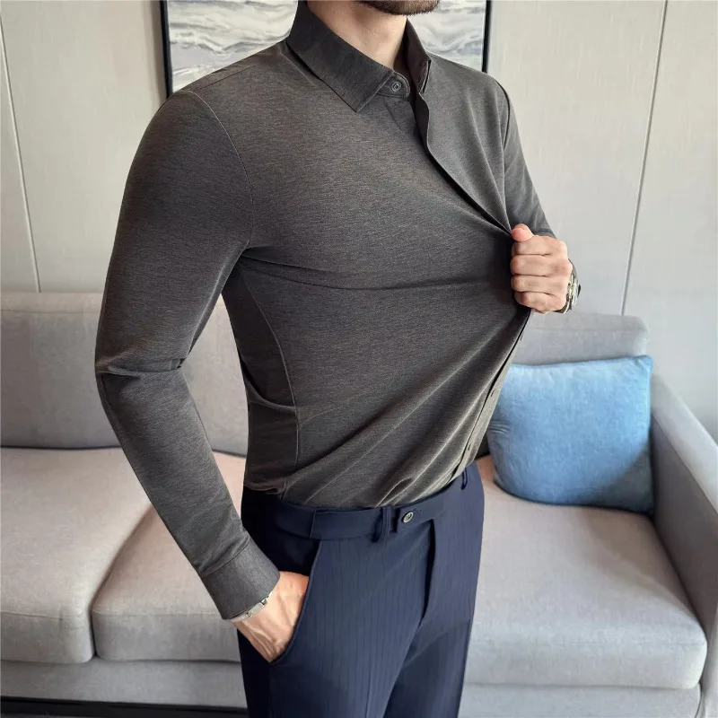 Men's Solid Color Long Sleeve Stretch Shirt Polyester Lyocell Blend Regular Fit Turn Down Collar Business Casual Office Wear