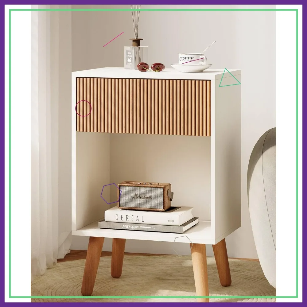 

Modern Fluted Nightstand with Storage Drawers and Open Shelf, Solid Wood Legs for Bedroom or Living Room