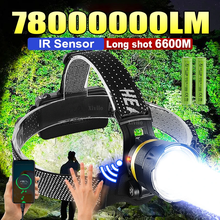 

78000000LM High Power LED Headlamp Super Bright Headlight Long Shot 6600m IR Sensor Head Torch Outdoor Hunting Head Lantern