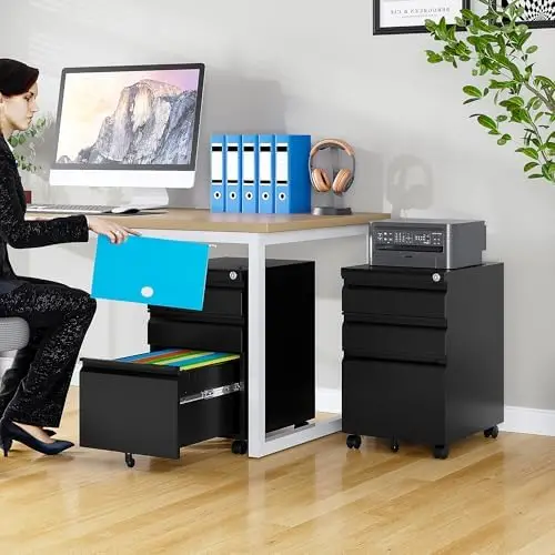 3 Drawer File Cabinet with Lock,Under Desk File Cabinet with Wheels,Black Rolling Filing Cabinets,Three Drawer Metal