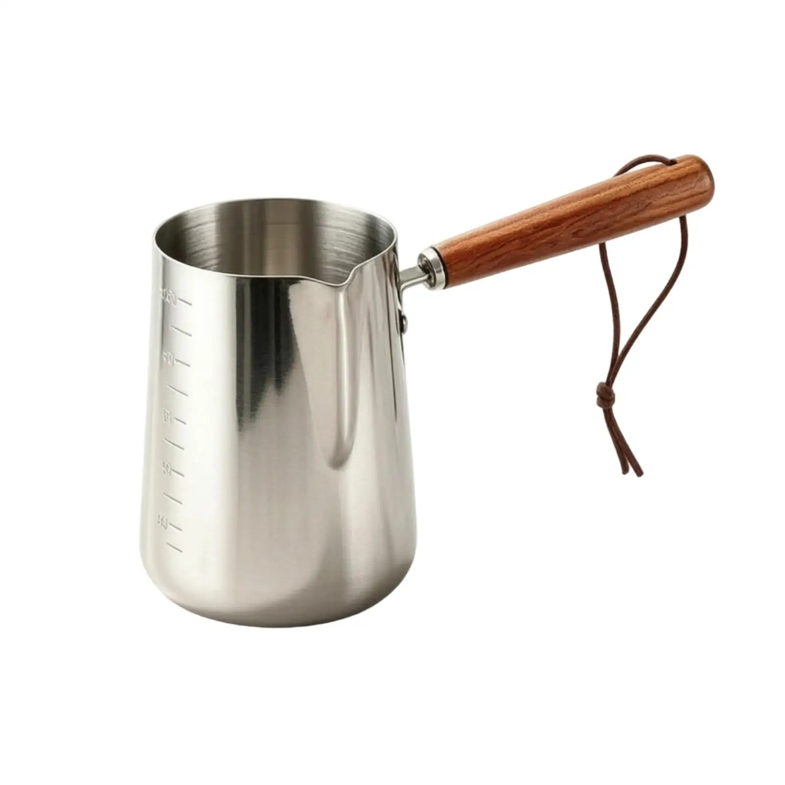 Stainless Steel Steaming Pitcher with Open Top and Wooden Handle for Creative Coffee