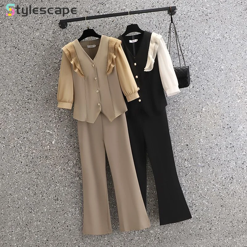 

Spring and Autumn Temperament Large Size Women's Half sleeved Top High Waist Wide Leg Long Pants Fashion Two Piece Set