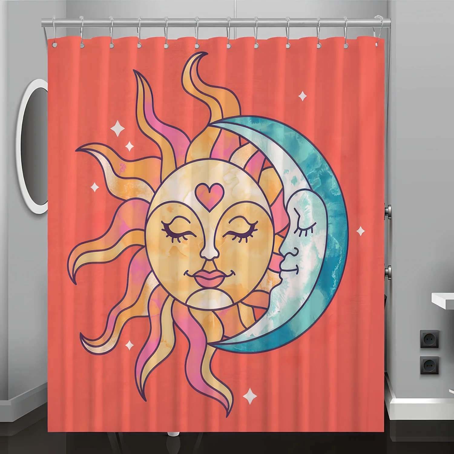 

1pc Sun and Moon Cartoon Pattern Digital Print Shower Curtain, Bathroom Home Decor with Free Hooks, Machine Washable, All-Season