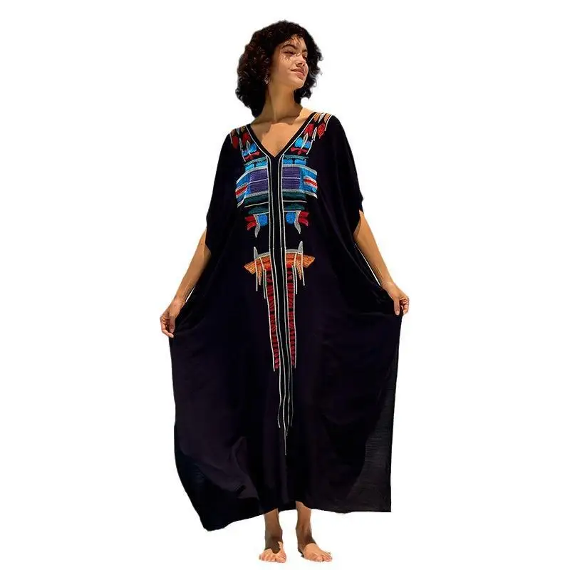 Women Black V Neck Bikini Cover Up Kaftan Robe Holiday Vocation Loose Beach Dress Bathing Suit Cover Up Beach Wear