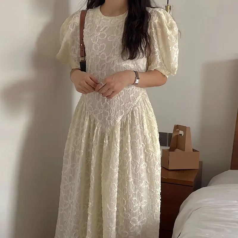 ชุดเดรสยาวทรงบับเบิ้ล ดีไซน์ดอกไม้ 3 มิติ สไตล์เกาหลี แฟชั่นผู้หญิง เอวสูง รุ่น Chic Spring Gentle Personali round Ne