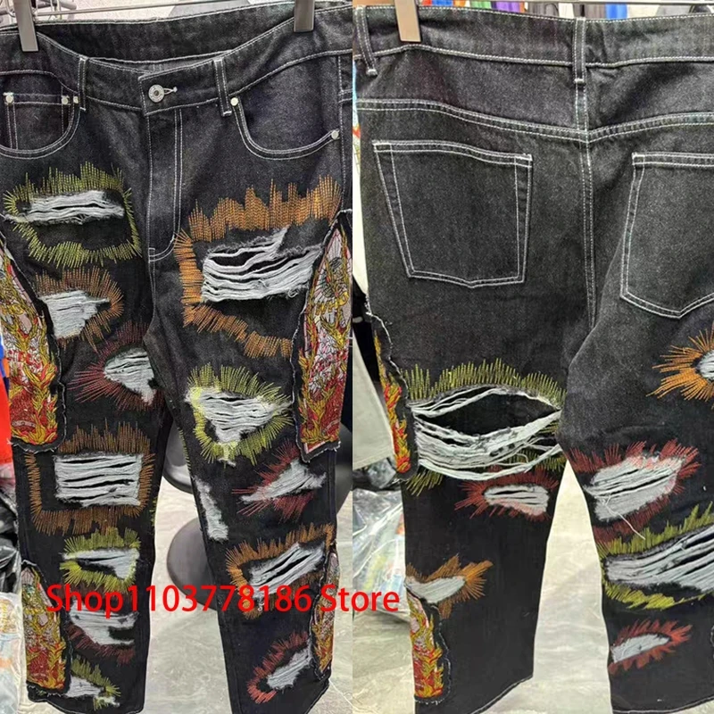 Vintage Do Old Ripped Embroidery Pattern WHO DECIDES WAR Jeans Men Women All-match Straight Trousers Winter New Denim Pants