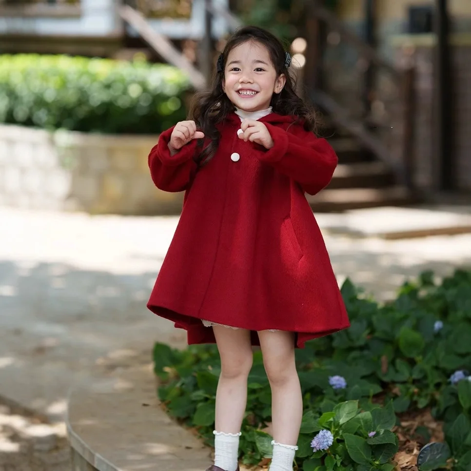 Girls' Coat Pointed Hat Woolen Material Fleece Thickened Cape Top New Year 2025 Winter Clothing New Children's Clothing
