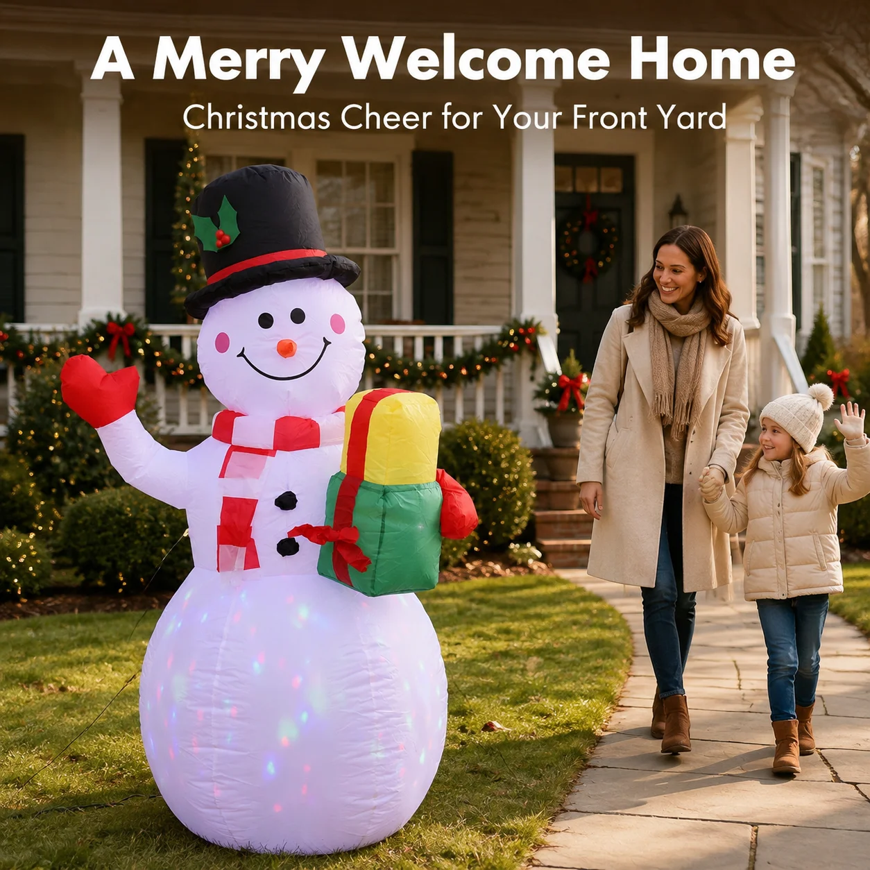 5ft Christmas Inflatable Snowman with 360° Rotating Colorful LED Shiny Lights Blow up Yard Decor Featuring Top Hat and Gift Box for Indoor Decoration Outdoor Garden Lawn Holiday Party Ornaments
