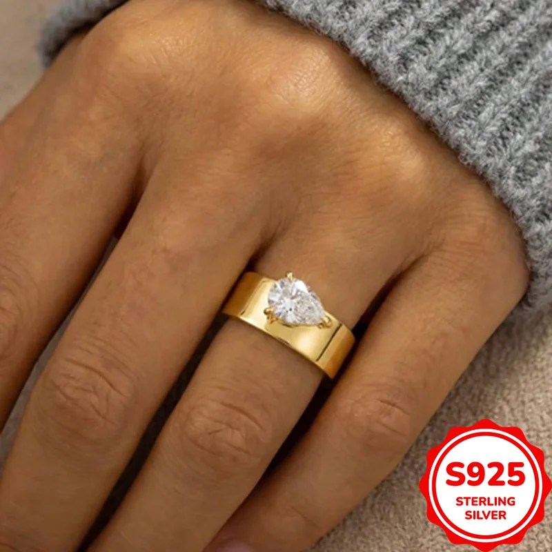 Simple Commuting Versatile Authentic S925 Silver Water Drop Yellow Ring Couple Ring