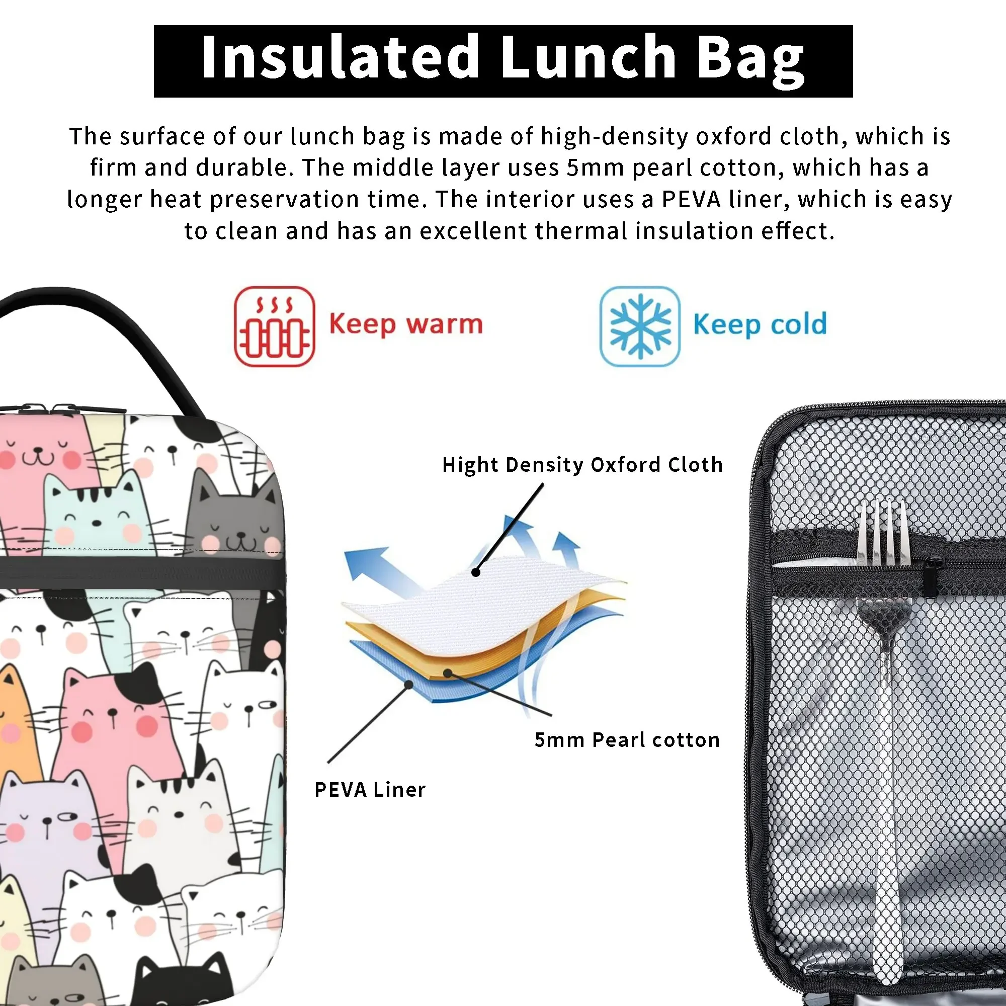 Cat Land Lunch Bag For Child Kawaii Pet Animals Graphic Design Lunch Box Retro Outdoor Cooler Bag Insulated Thermal Lunch Bags