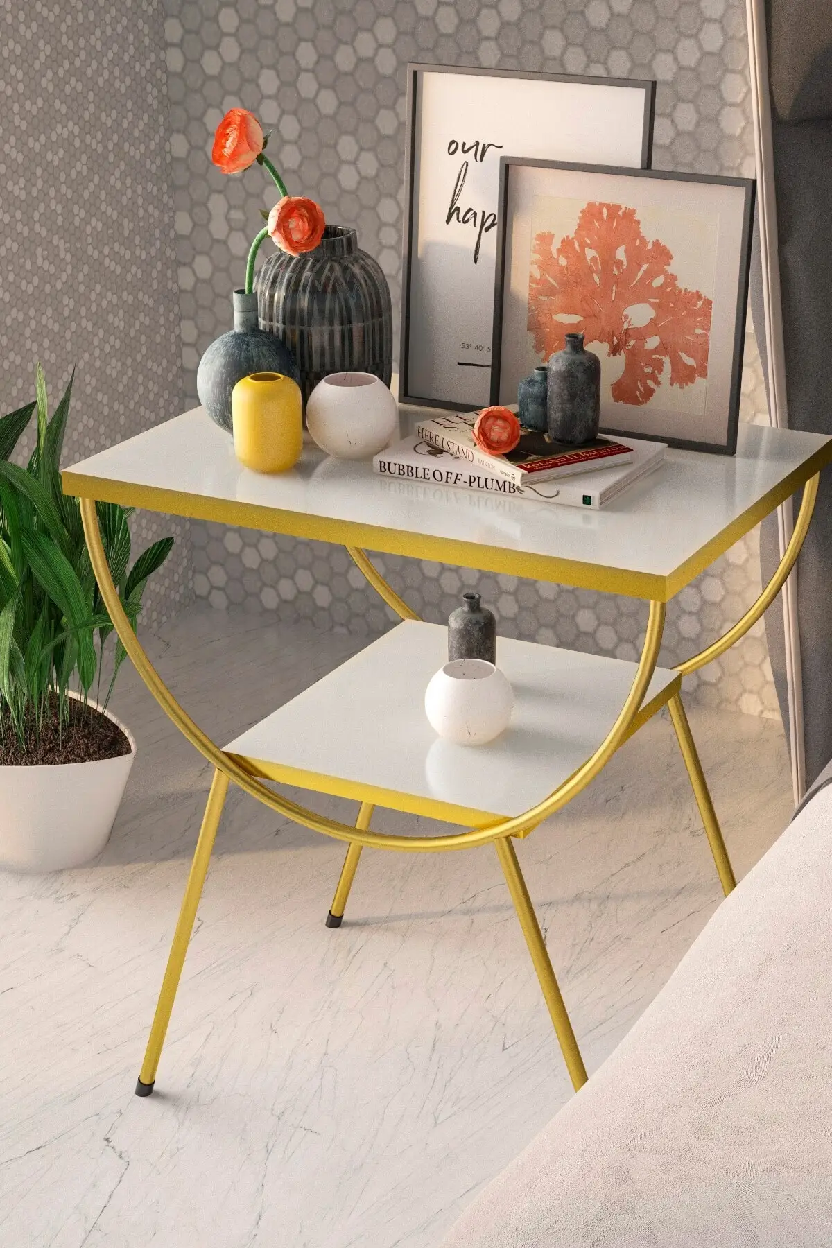 Seite Kaffee Tisch Nachttisch Metall Kappe Gold Weiß