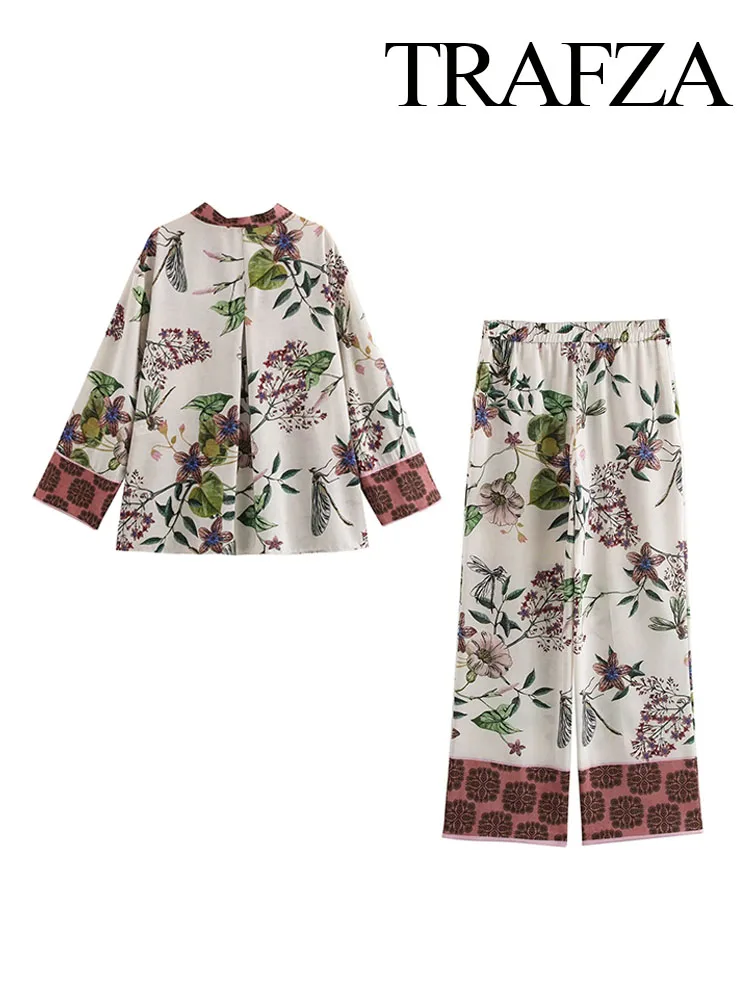 Trafza Vrouwen 2 Delige Set Elegante Bedrukte Asymmetrische Riem V-Hals Lange Mouw Kimono Blouse + Rits Hoge Taille Casual Lange Broek