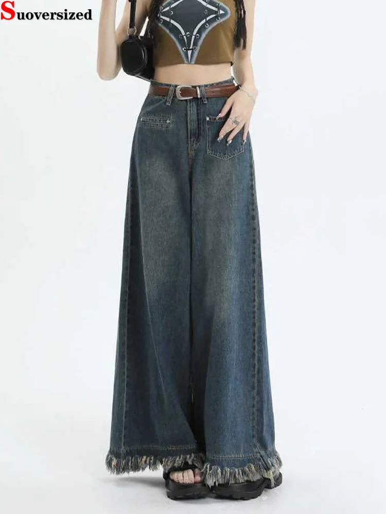 

Y2k Vintage Baggy Jeans Wide Leg Pants Tassel Edge Design Women Vaqueros Pantalones Fashion High Waist Loose New Denim Trousers