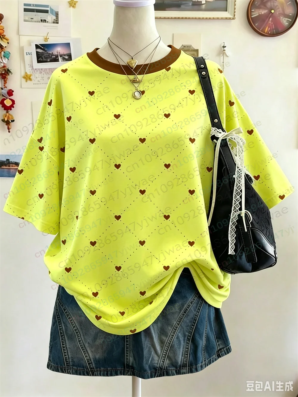 Herzförmiges Polka-Dot-Muster, O-Ausschnitt, Kurzarm-T-Shirt, vielseitiges Casual-Oberteil, Y2K Streetwear, Sommer-Damen-T-Shirt – Detail 7
