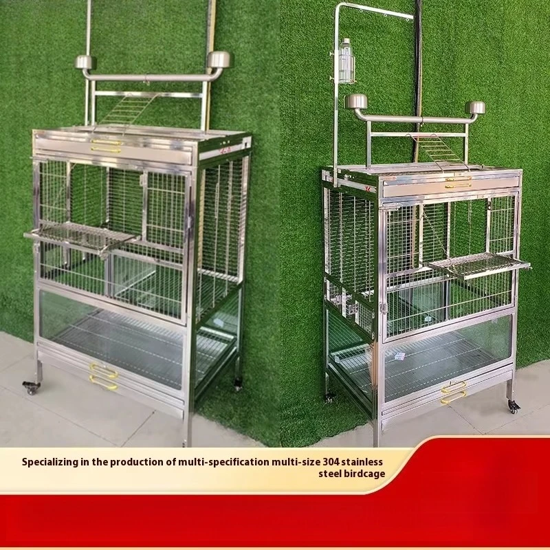 a forLuxury 304 Stainless Steel Parrot Cage Plastic Tray Eco-friendly Large Breed Size Solid Grey Boutique Design Box Packed