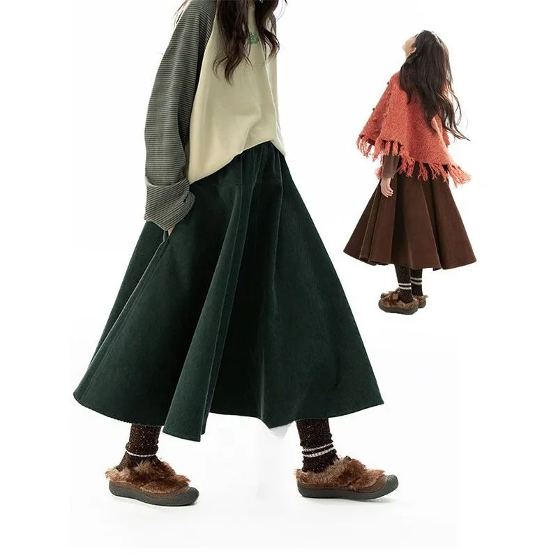 Girls' Corduroy Ruffled Skirt Winter Casual Trendy Tween Elastic Waist Flared Hem