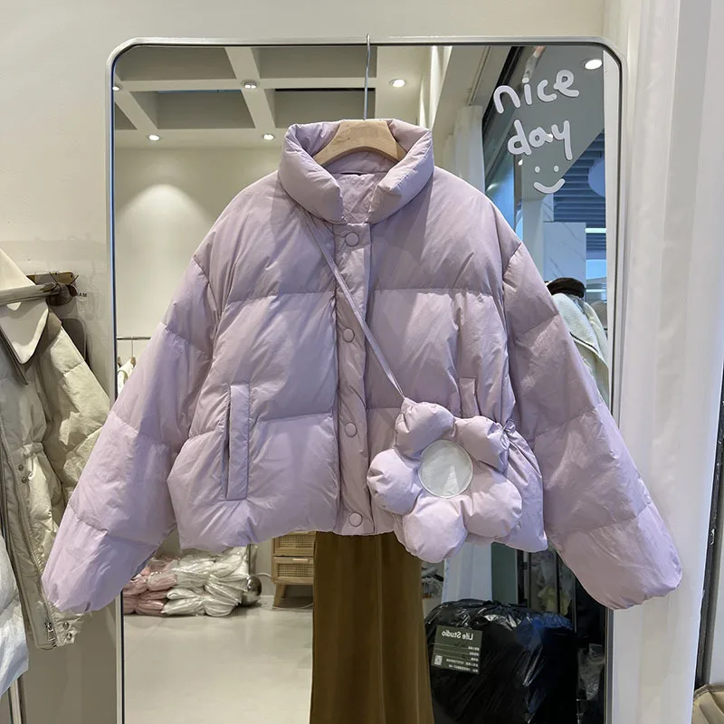 2023 New down jacket for women with flower satchel short loose fitting bread jacket fashionable white duck down jacket