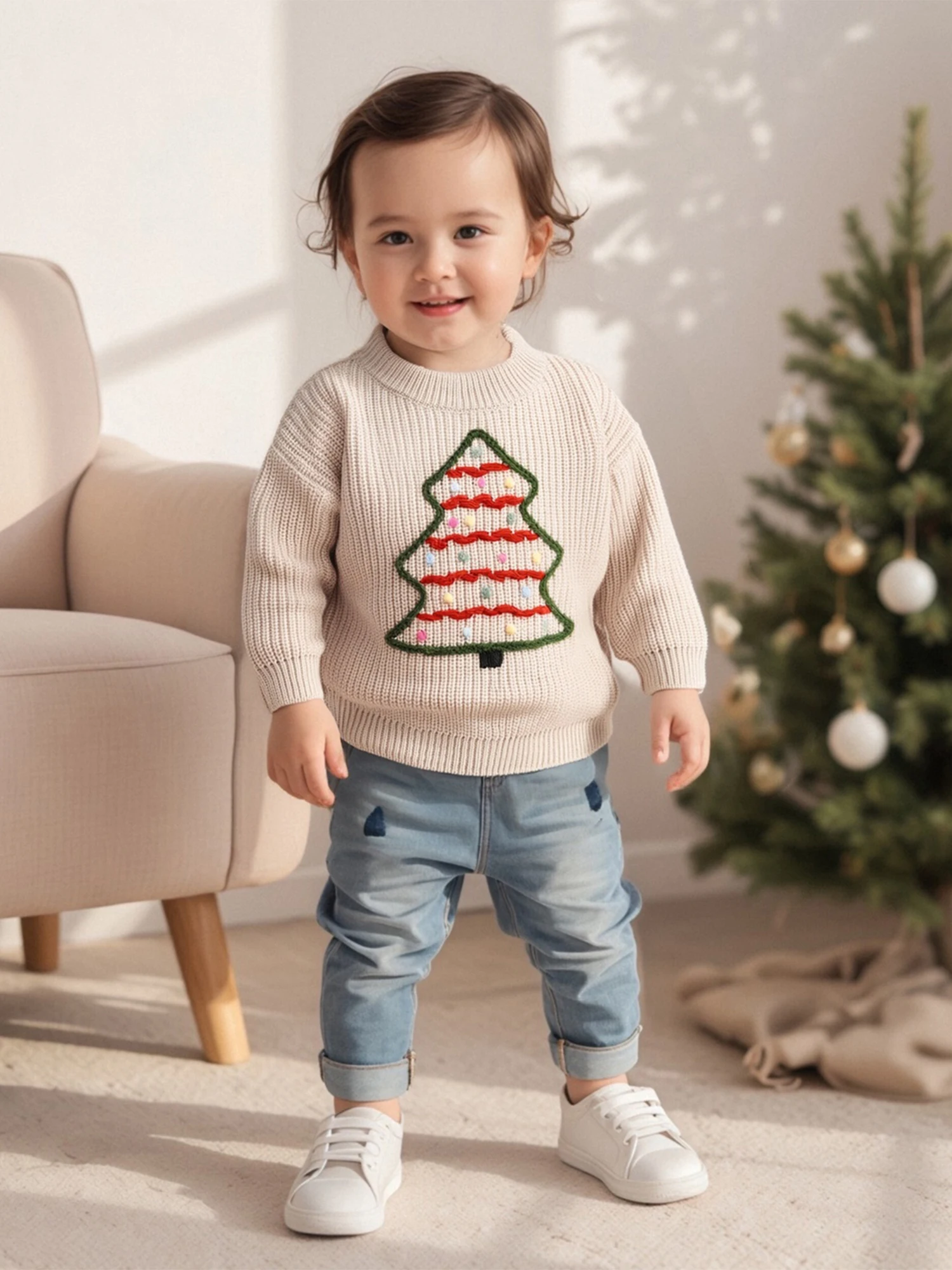 

Infant Holiday Reindeer Sweater Festive Snowflake Patterned Knit Pullover for Baby Boys and Girls in Winter Season