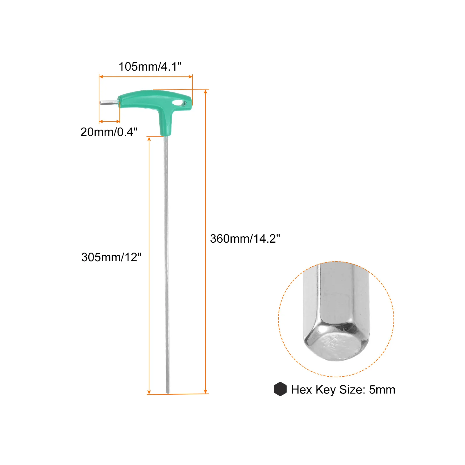 Chave sextavada com alça em T, braço longo de 12", chave sextavada interna com chave T de 5 mm