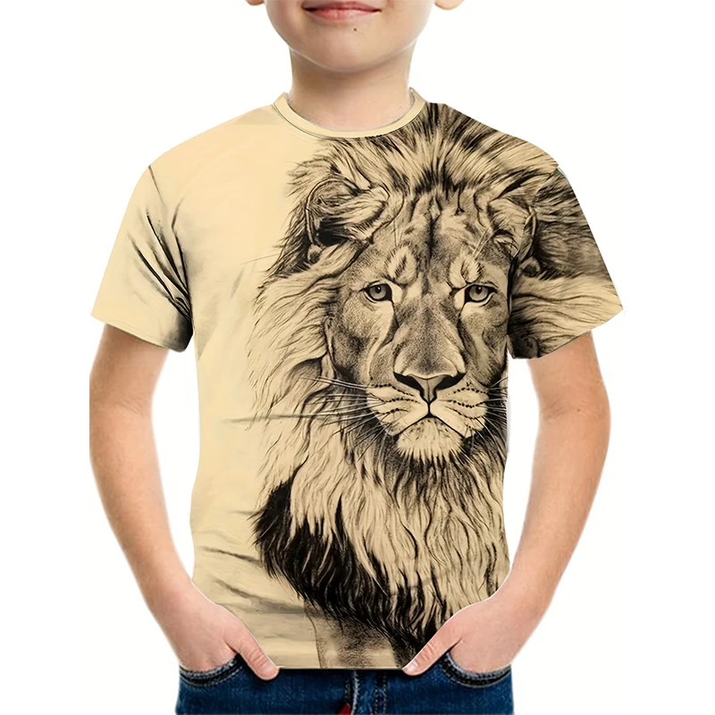 Boy's Lion Graphic T-shirt Fashion Short Sleeve Tops Boy Girl T-shirt Animal 3D Print Children's Clothing Summer Kid's T-shirts