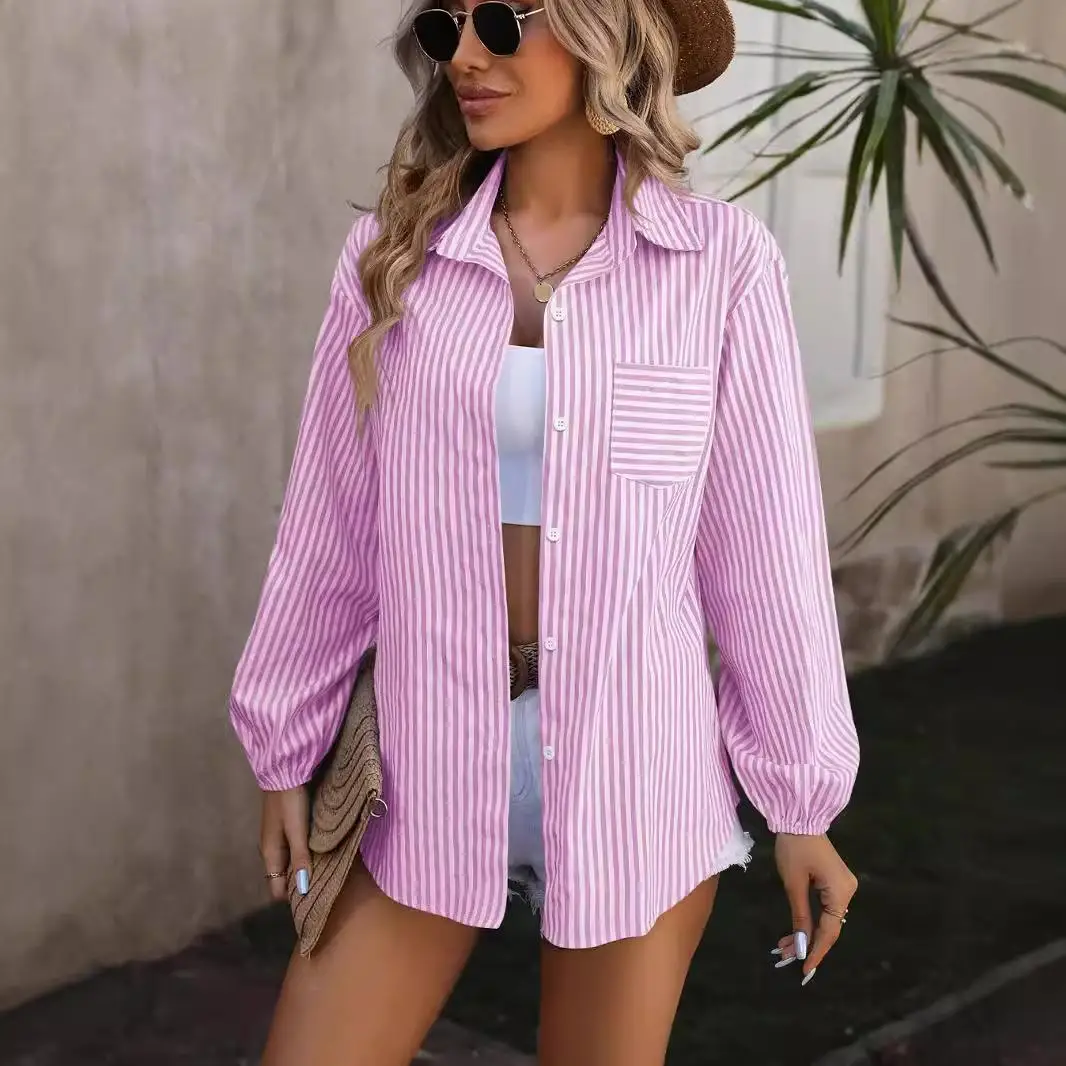 

Women's Long Sve Striped irt Casual Sle Polyester Fiber 2024 Autumn Collection Flip Collar Classic Pattern