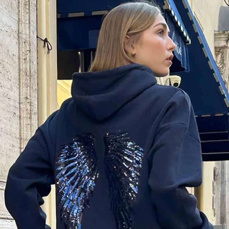 Women's Y2k Trendy Elegant Casual Pullover Autumn Easy Match Sequin Wing Print Hoodie Tops Lady Loose Commuter Office Clothes